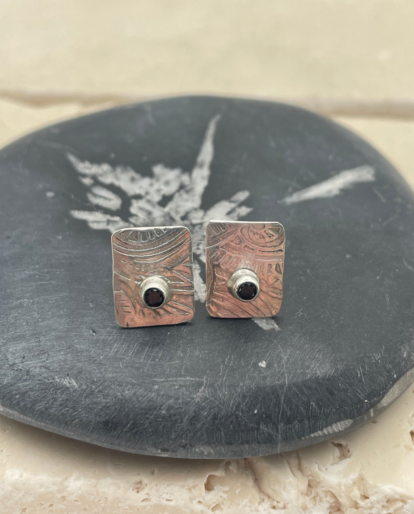 Silver and Spinel Textured Tab Post Earrings