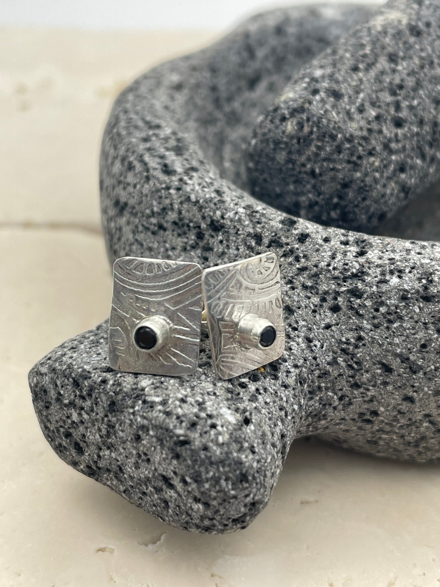 Silver and Spinel Textured Tab Post Earrings