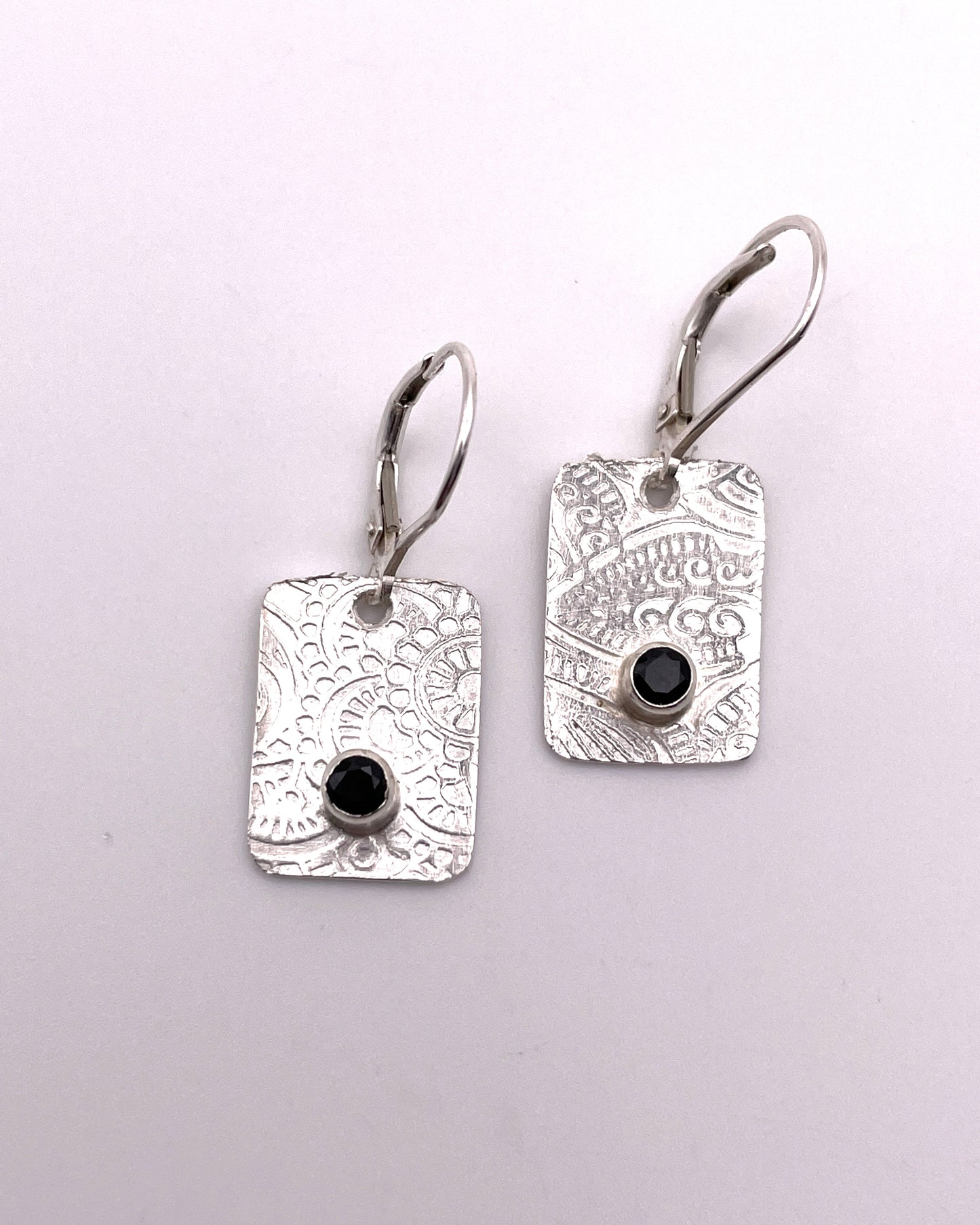 Embossed Sterling and Black Spinel Earrings