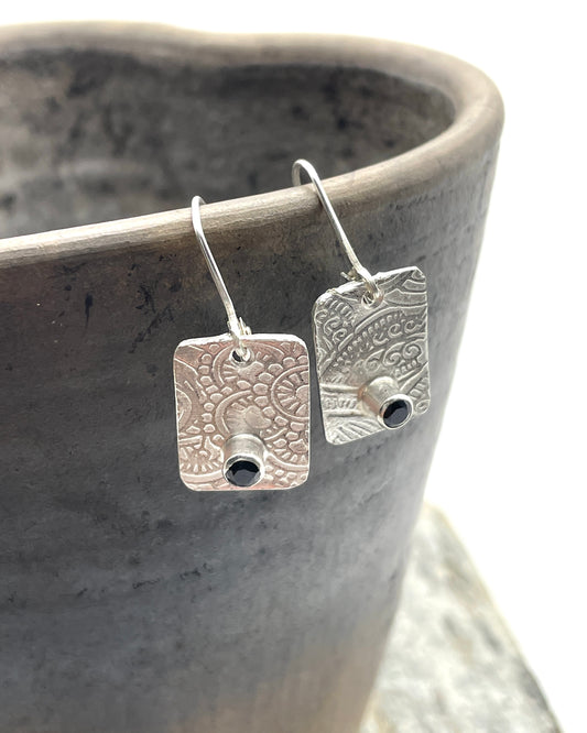 Embossed Sterling and Black Spinel Earrings