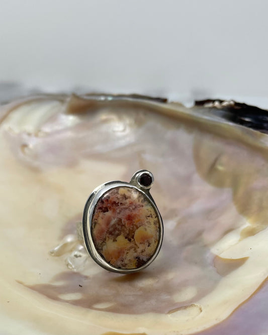 Peachy Plume Agate and Garnet Statement Ring