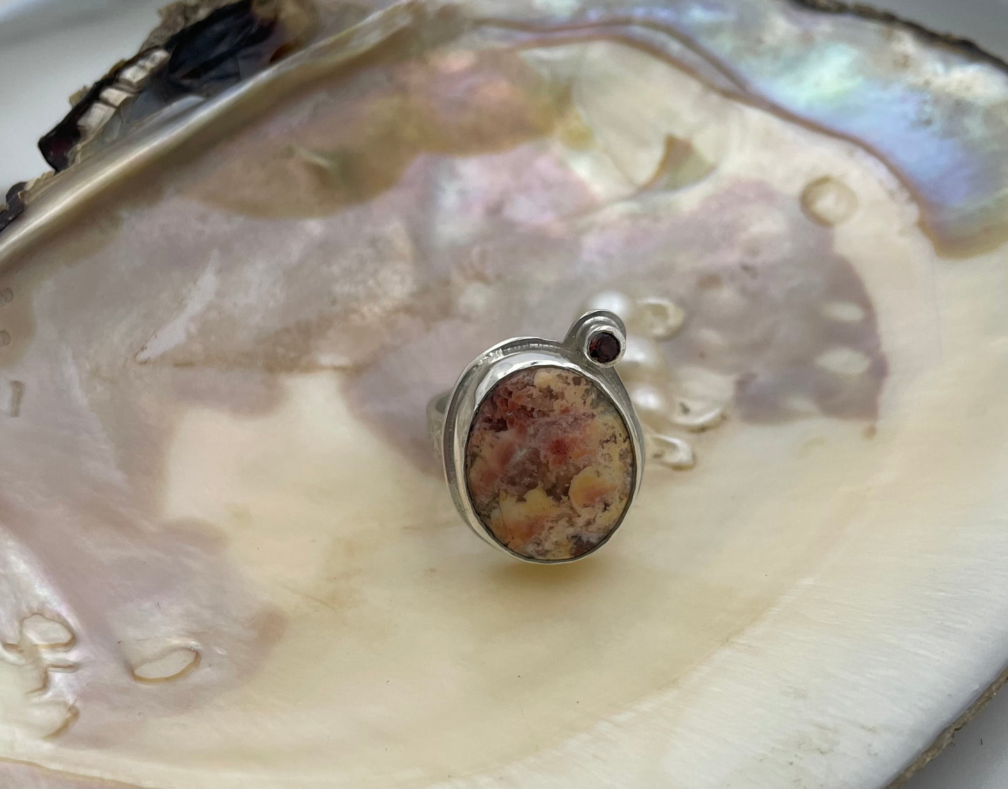 Peachy Plume Agate and Garnet Statement Ring